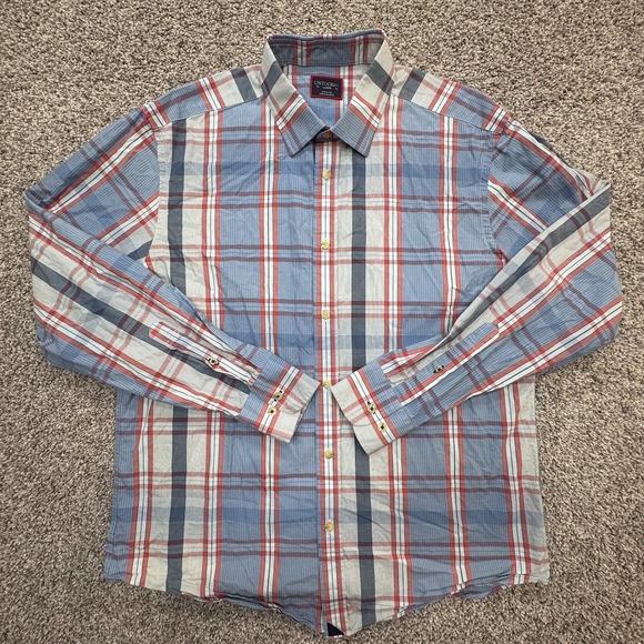 Untuckit Shirt Mens Large Blue Plaid Long‎ Sleeve Button Up Cotton - Picture 2 of 7